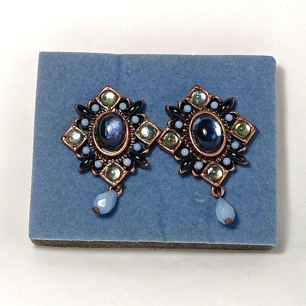 Avon Tonal Blue Drop Earrings Clip Vintage Boho Style Blue Cabochon Bronze Tone